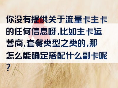 你没有提供关于流量卡主卡的任何信息呀，比如主卡运营商、套餐类型之类的，那怎么能确定搭配什么副卡呢？